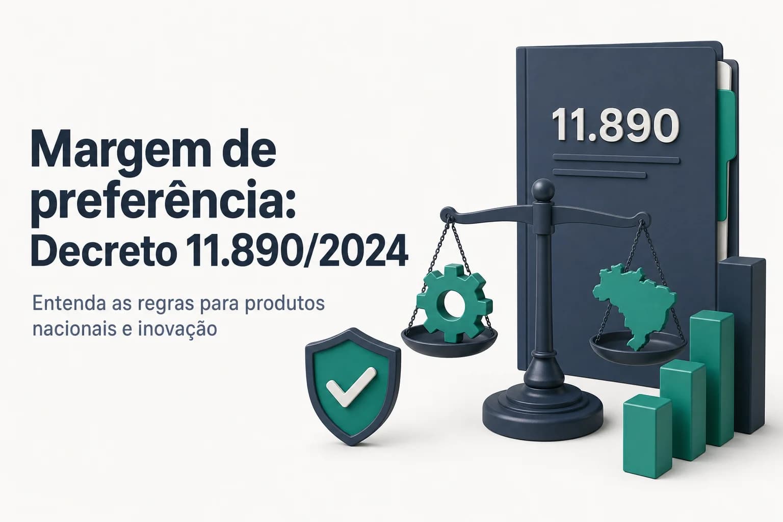 Infográfico sobre a margem de preferência do Decreto 11.890/2024 com percentuais normal e adicional para produtos nacionais e reciclados.