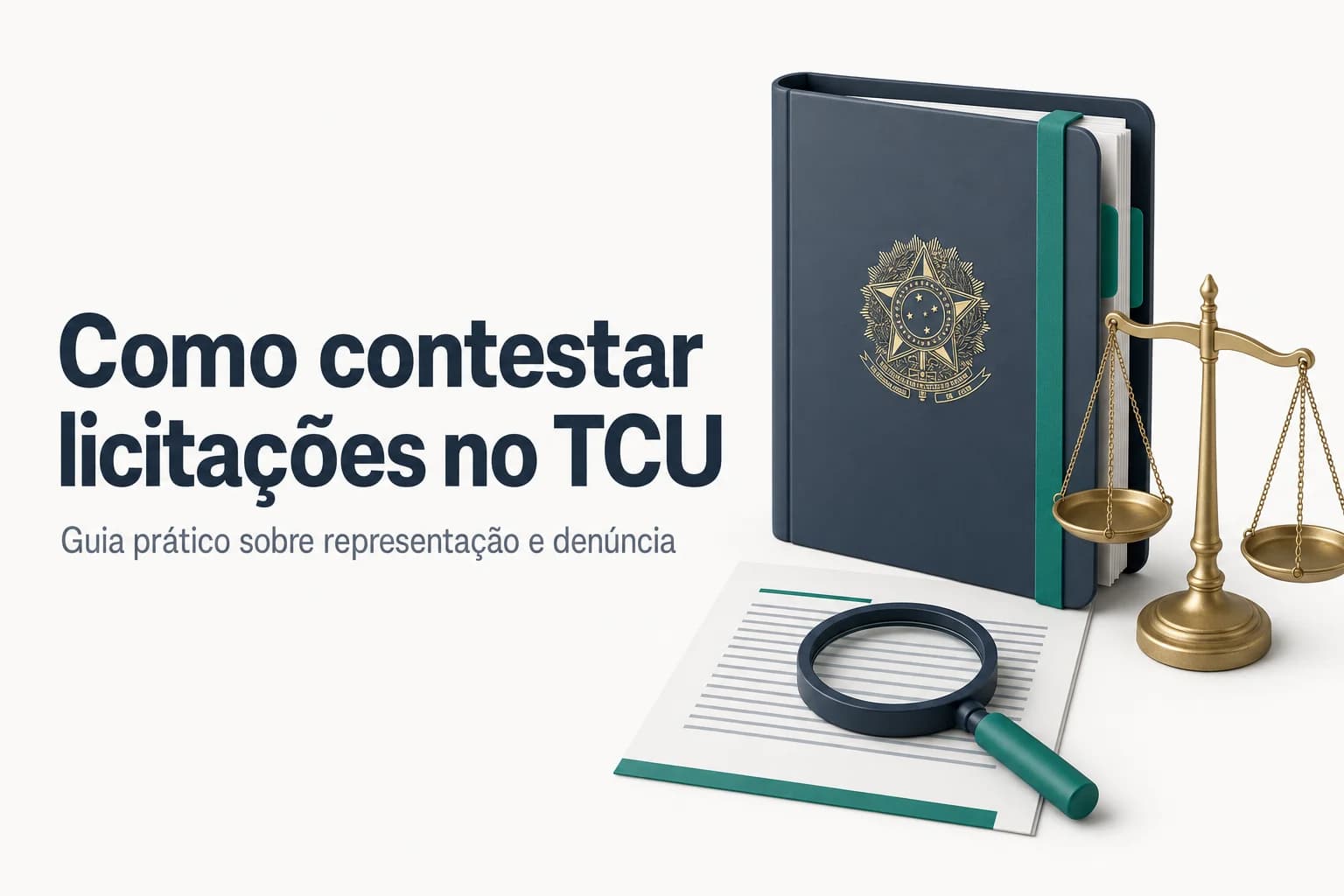 Ilustração de documentos e teclado de computador representando a contestação de resultado de licitação no Tribunal de Contas da União
