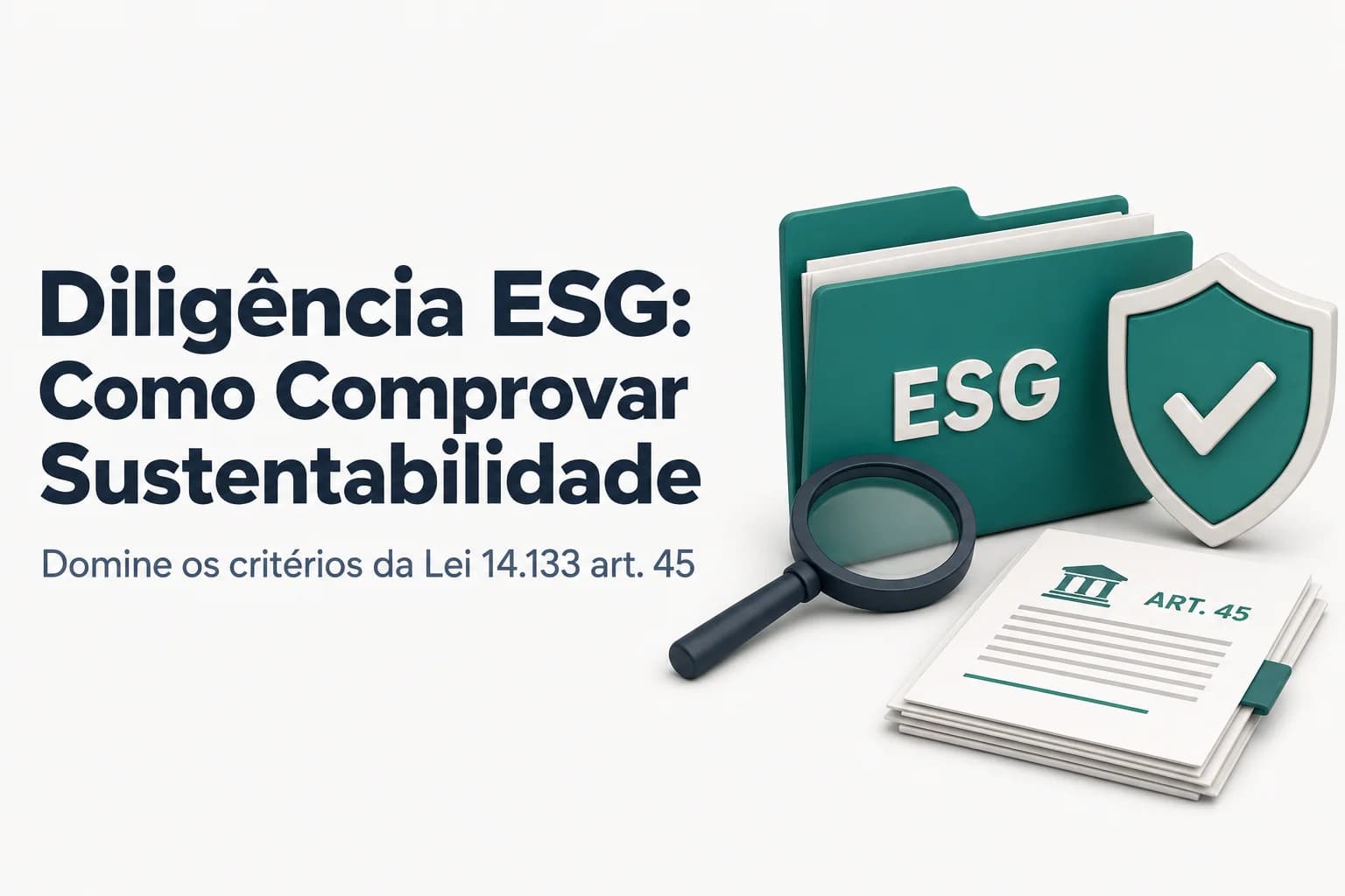 Documentos de comprovação ESG sobre uma mesa, com um edital de licitação, certificados de sustentabilidade e uma lupa
