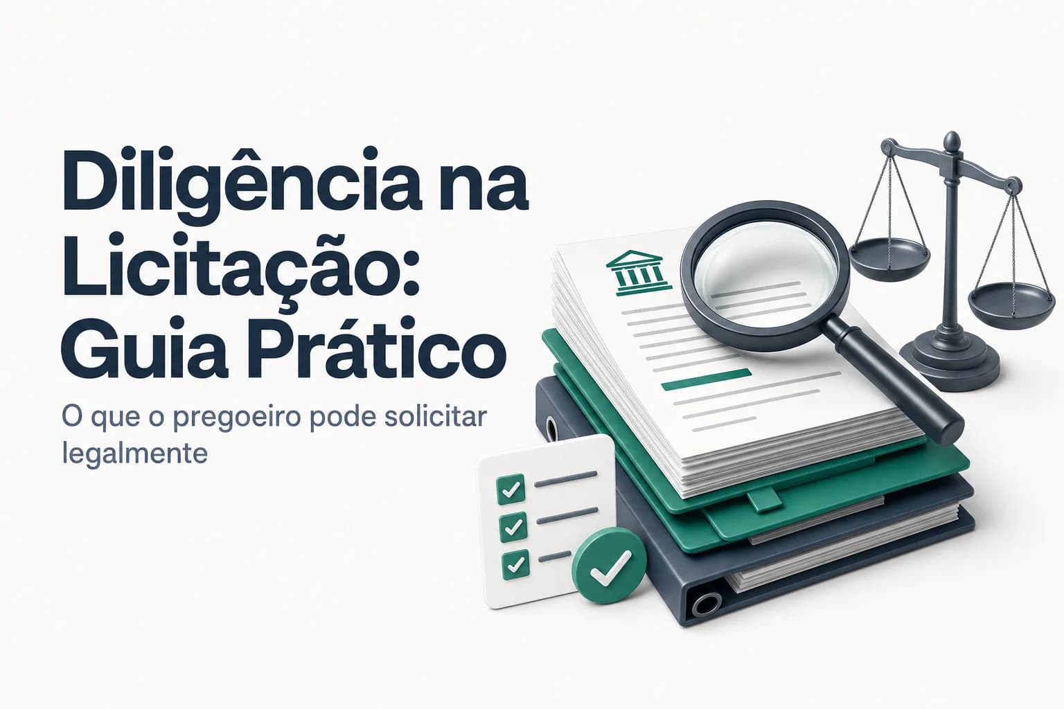 Ilustração de documentos e lupa sobre uma mesa, simbolizando a verificação de documentos na fase de diligência da licitação.