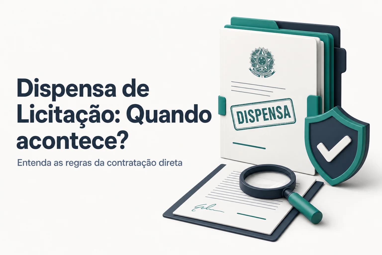 Documentos sobre a mesa com selo de dispensa de licitação e caneta