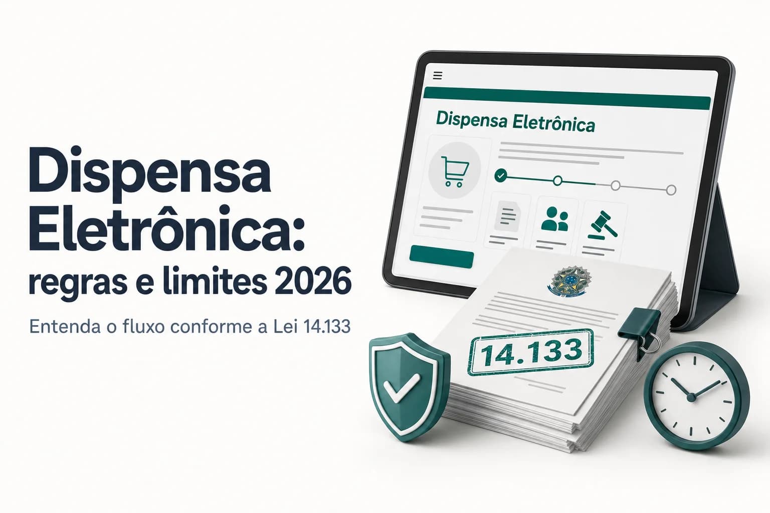 Ilustração do processo de dispensa eletrônica no sistema Compras.gov.br, com destaques para as etapas de aviso, propostas, lances e julgamento.