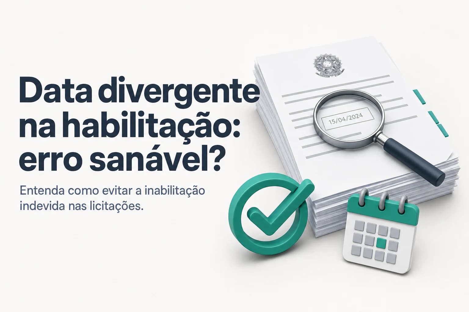 Ilustração de um documento com data divergente e um carimbo de 'sanável' sobre a mesa de uma comissão de licitação.