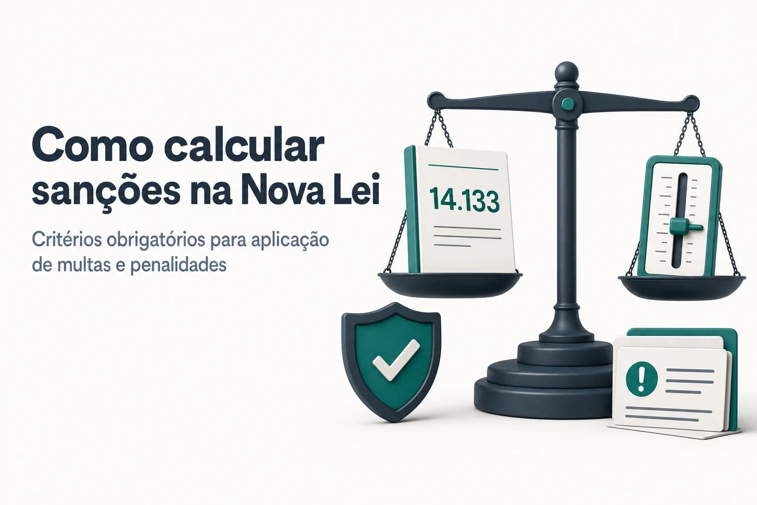 Ilustração de uma balança e martelo ao lado de documentos legais, representando a dosimetria de sanções na Lei 14.133.