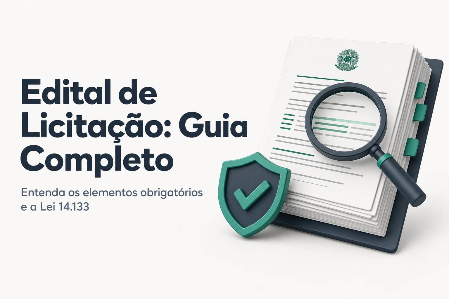 Documento de edital de licitação pública aberto com caneta e anotações sobre elementos obrigatórios e prazos.