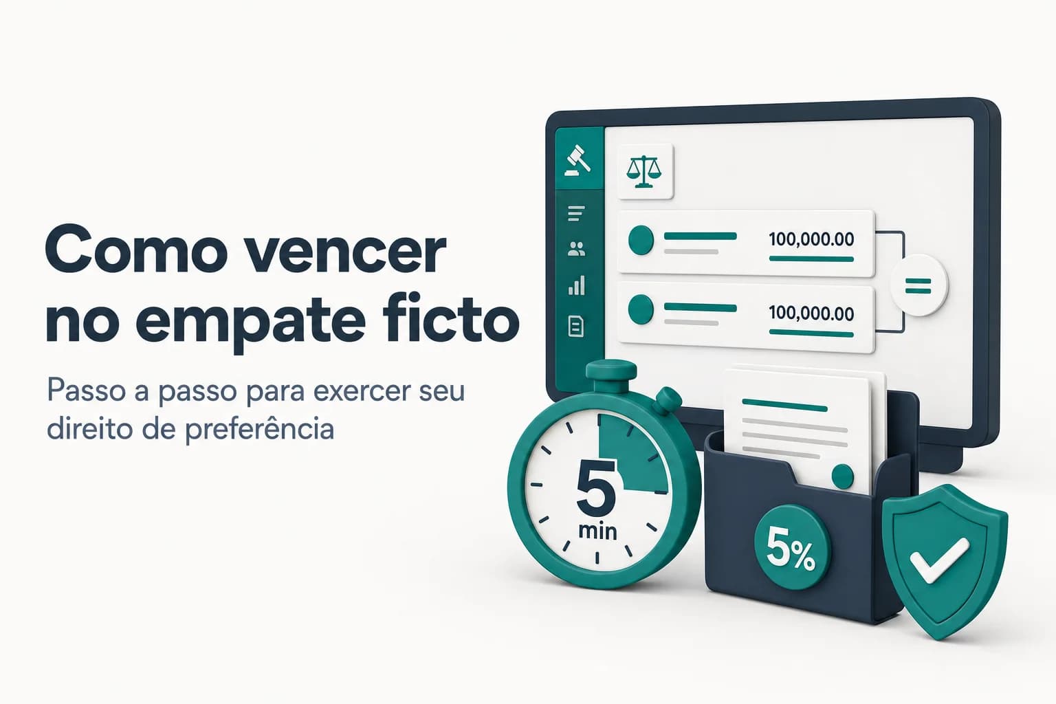 Infográfico explicando o empate ficto: margens de 5% no pregão e 10% em outras modalidades para ME e EPP, com destaque para o prazo de 5 minutos para novo lance.