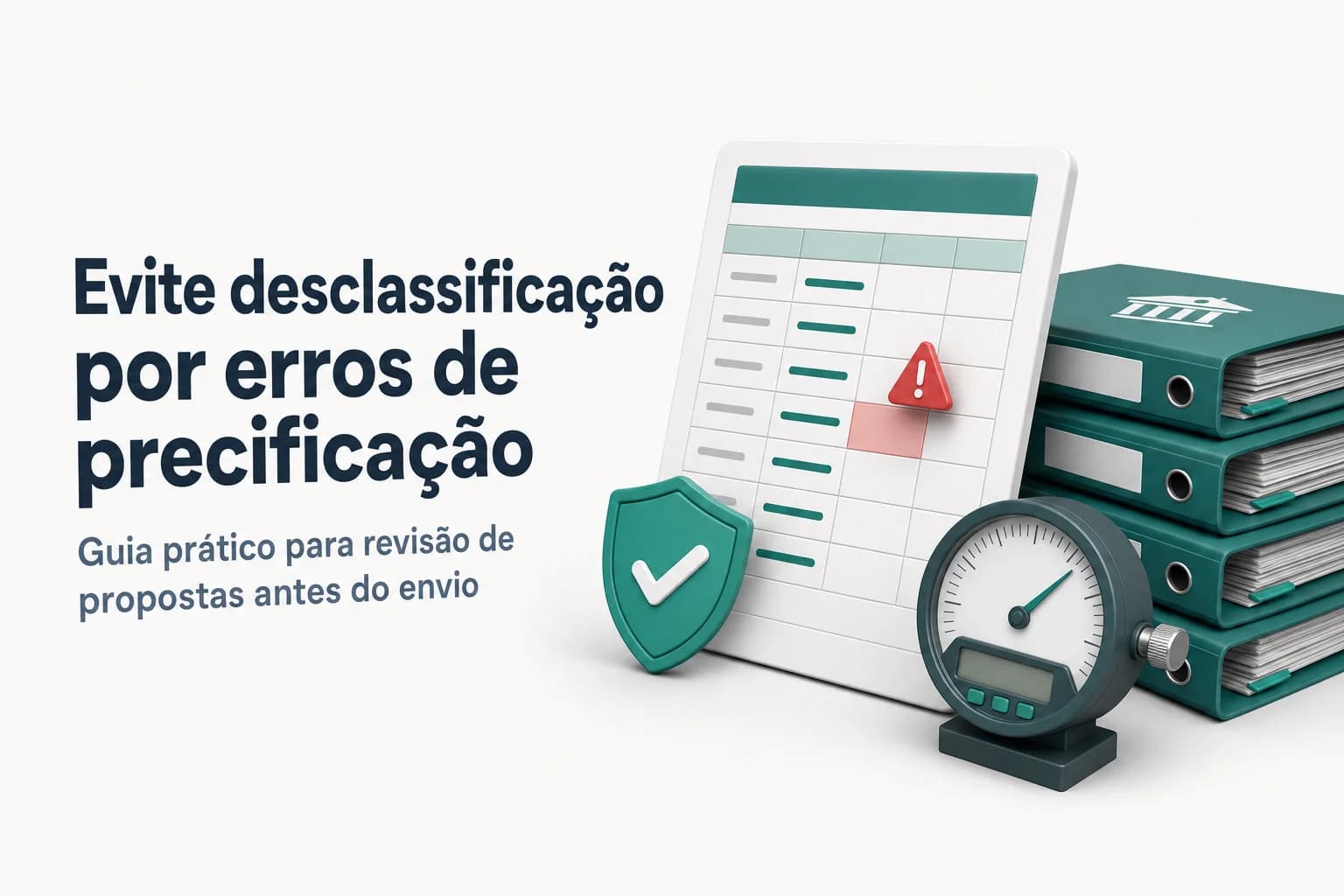 Ilustração de planilha de custos com alertas vermelhos indicando erros comuns de precificação em licitações.