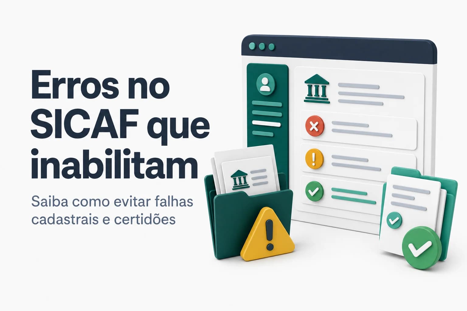 Ilustração de um computador exibindo o portal SICAF com alertas de pendências.