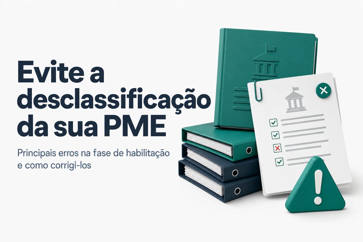 Ilustração de documentos de licitação sobre uma mesa com carimbo de 'desclassificado' em destaque