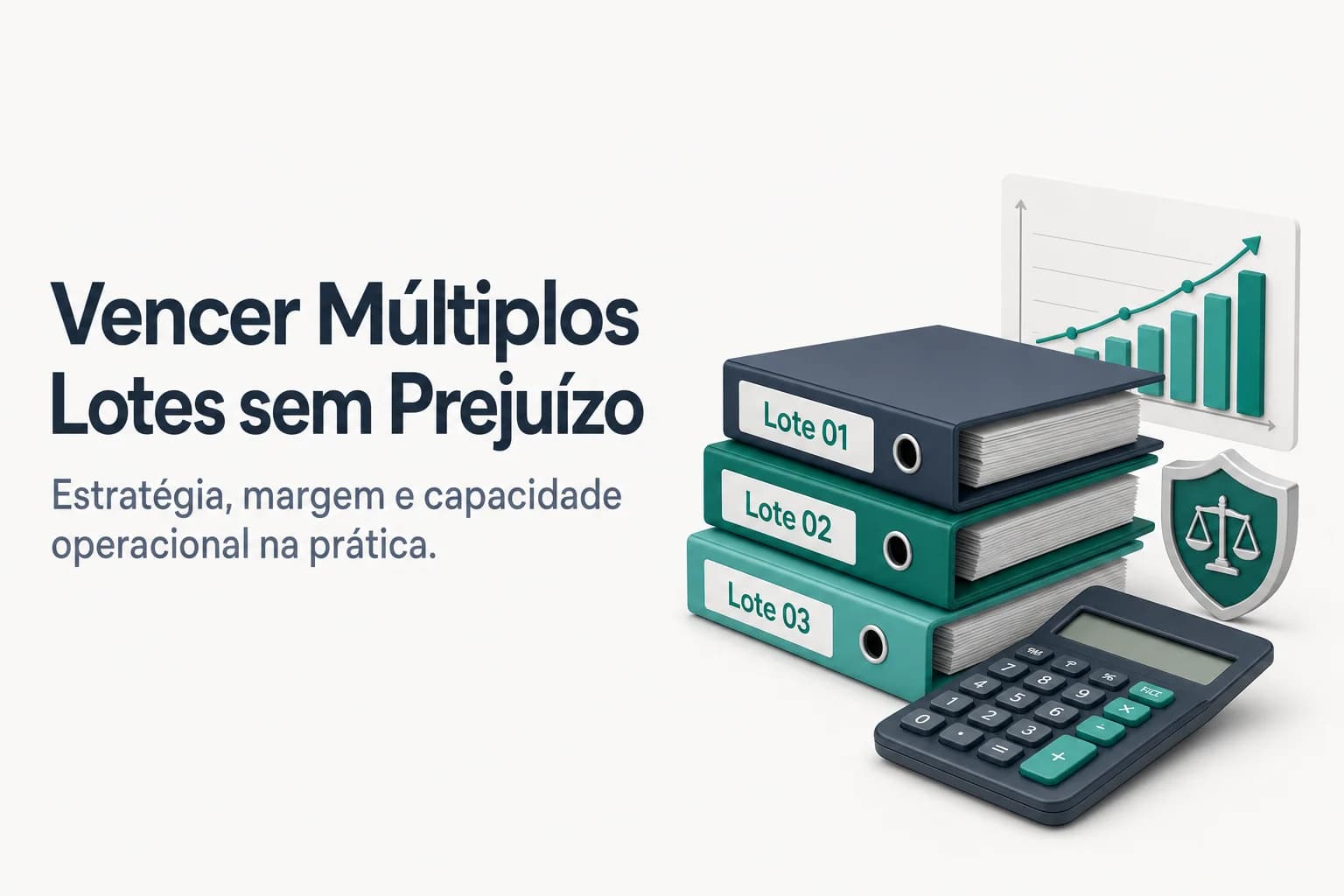 Ilustração de um edital com lotes numerados ao lado de uma calculadora e gráfico de preços, representando a estratégia de distribuição de preços em múltiplos lotes.