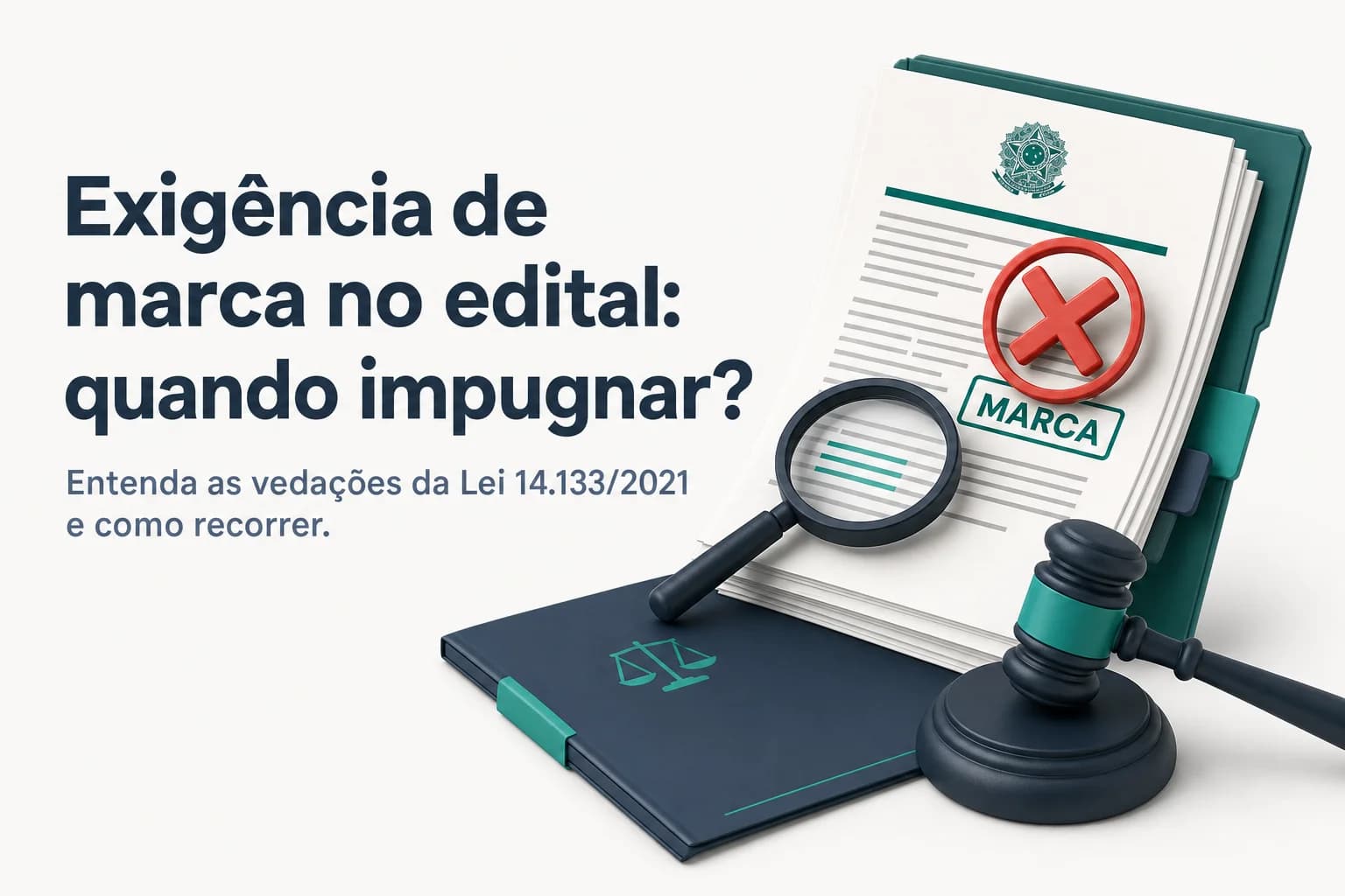 Ilustração de um edital de licitação com um selo de marca sobreposto, indicando irregularidade na exigência de marca específica.