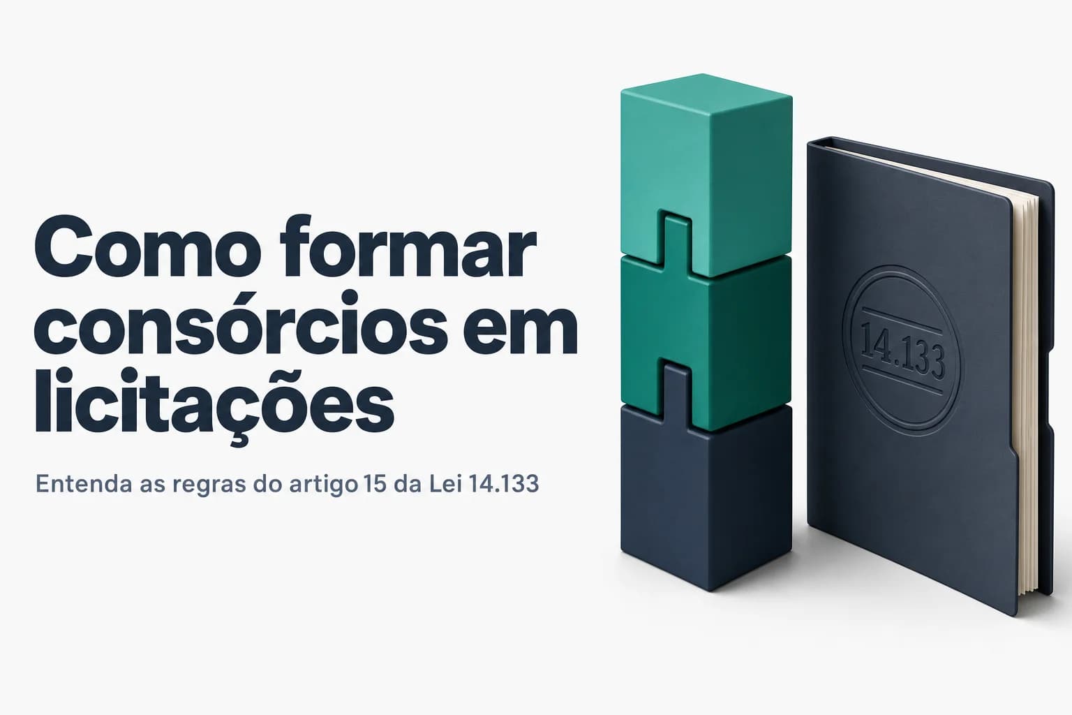 Grupo de empresas assinando acordo de consórcio para licitação, com a Lei 14.133/2021 ao fundo