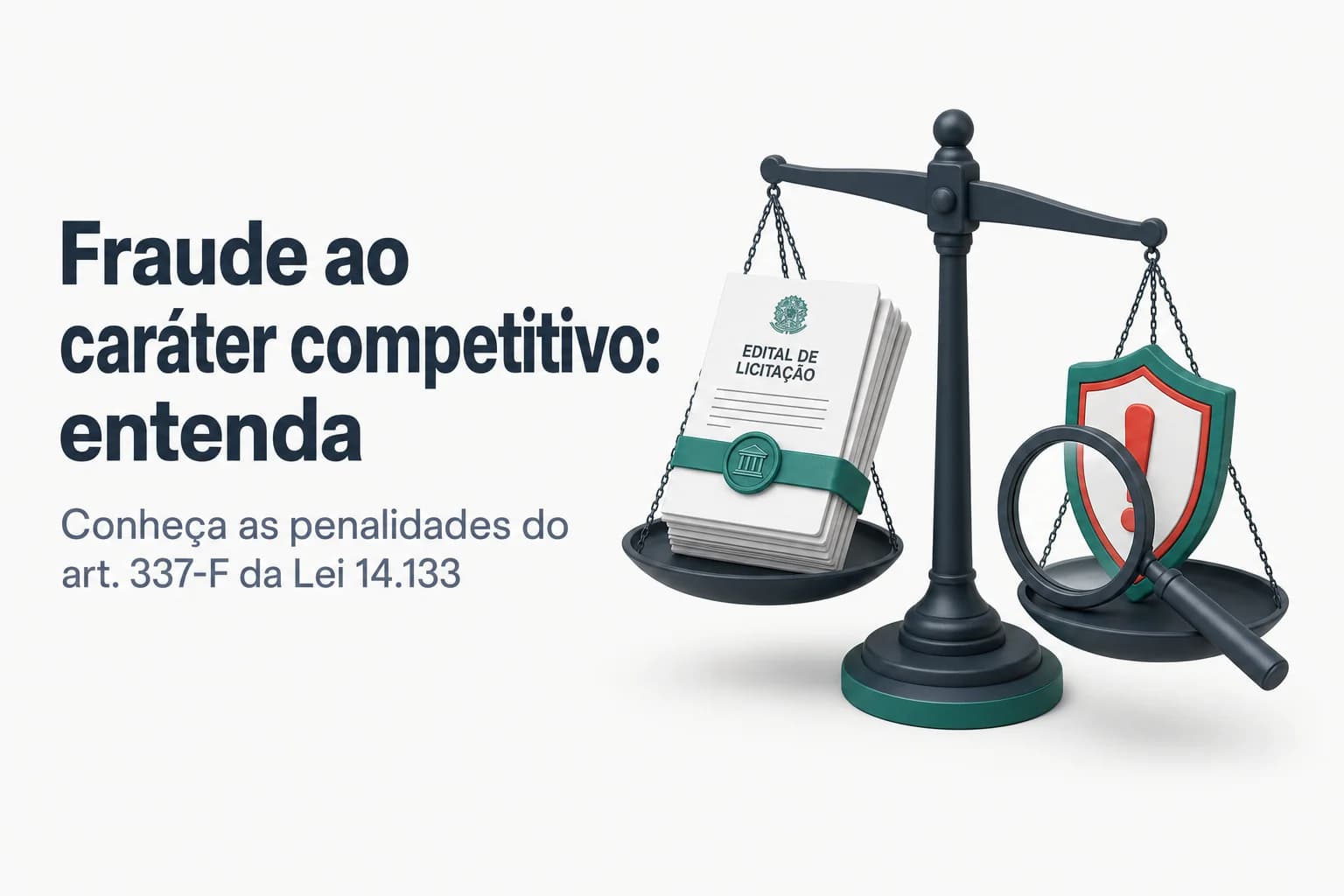 Imagem ilustrativa de um martelo de juiz e contratos de licitação, simbolizando a punição por fraude ao caráter competitivo na Lei 14.133/2021.