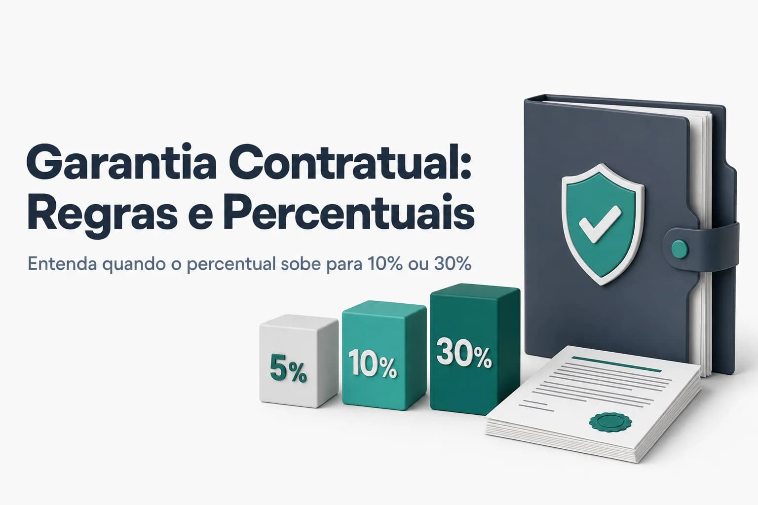 Gráfico ilustrativo dos percentuais de garantia contratual: 5% padrão, 10% com justificativa e 30% para obras acima de R$200 milhões.