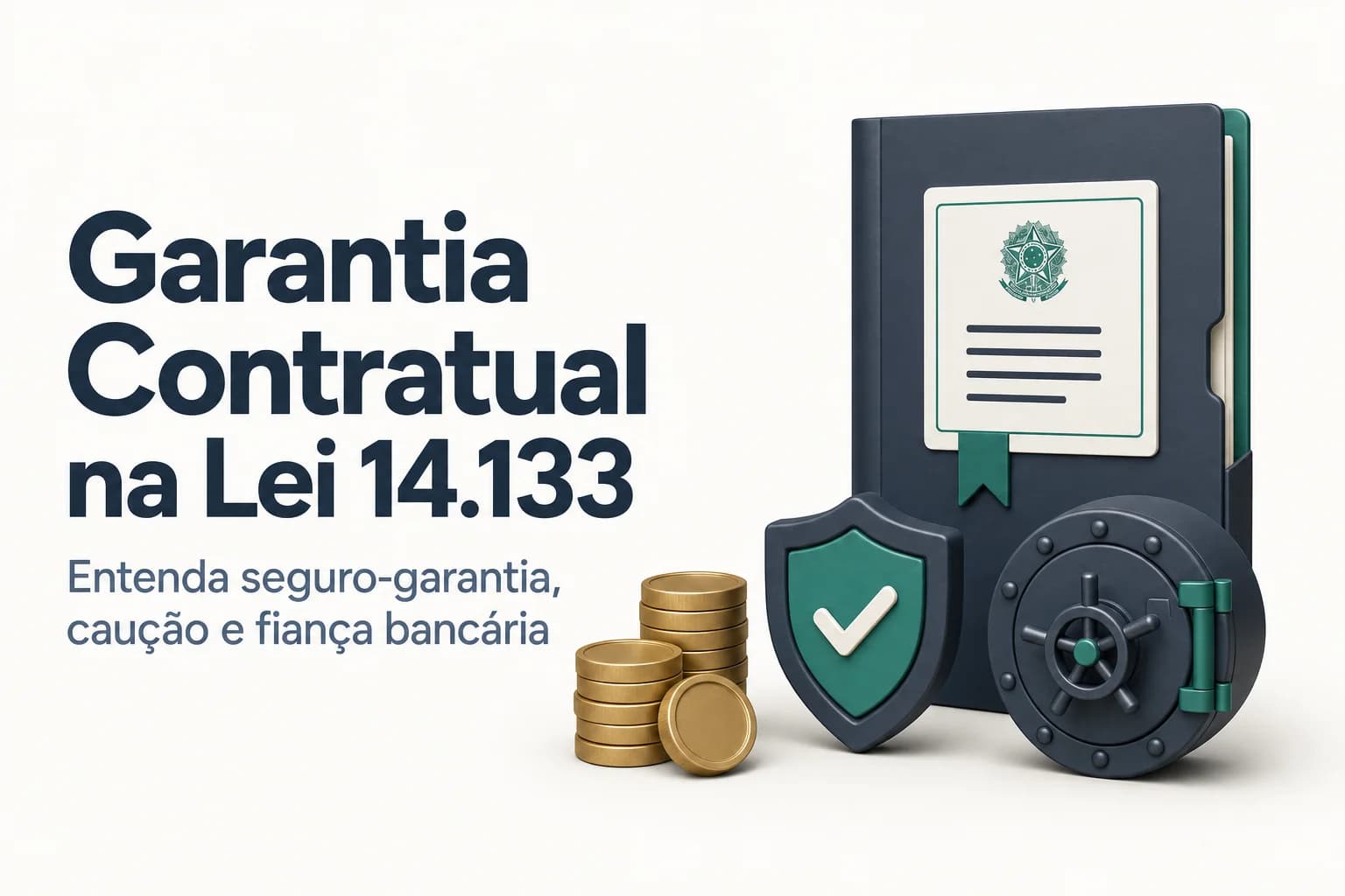 Documentos de garantia contratual sobre a mesa: apólice de seguro, caução e contrato assinado com o brasão da administração pública.