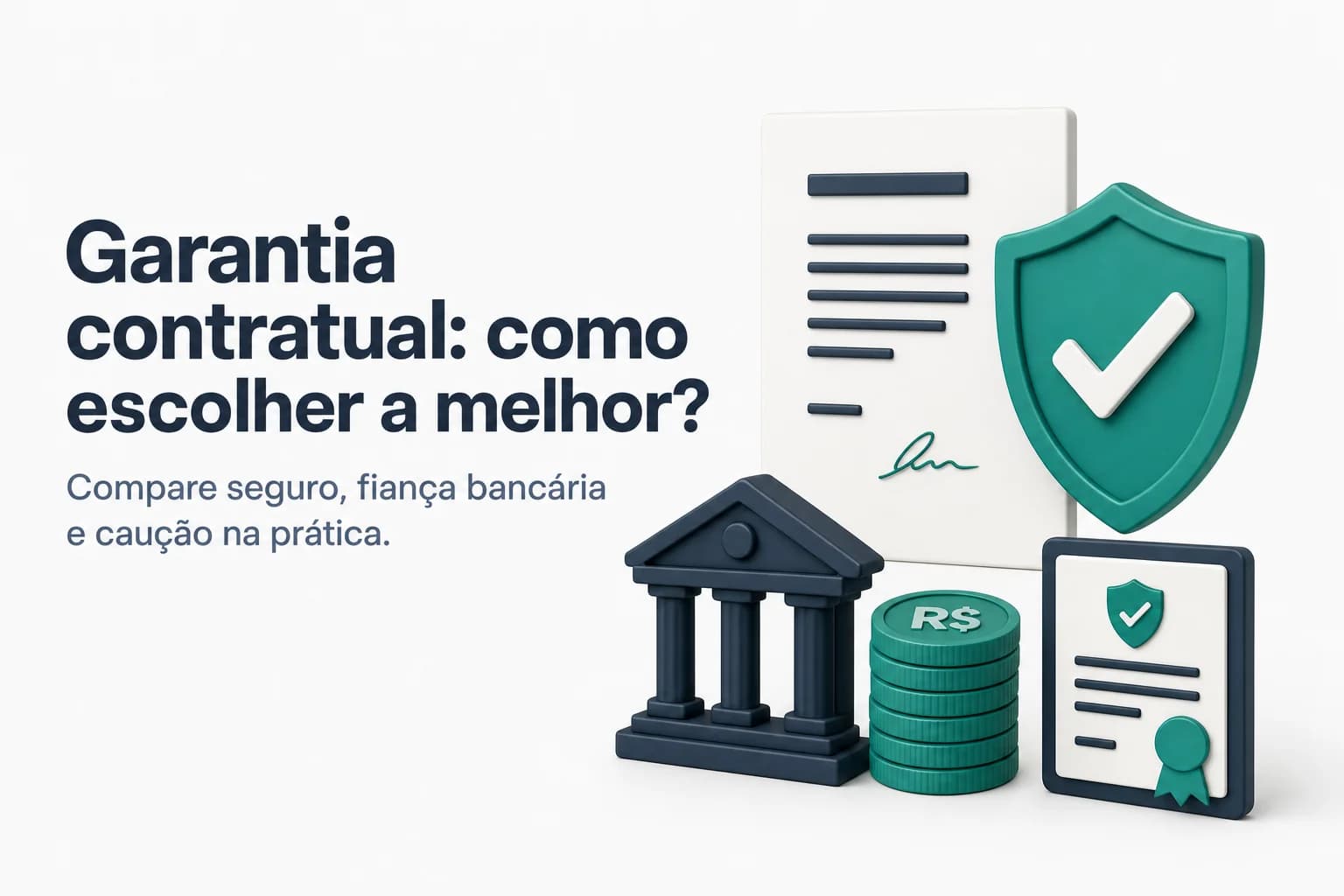 Ilustração comparativa das modalidades de garantia contratual em licitações: dinheiro, seguro, fiança e capitalização.