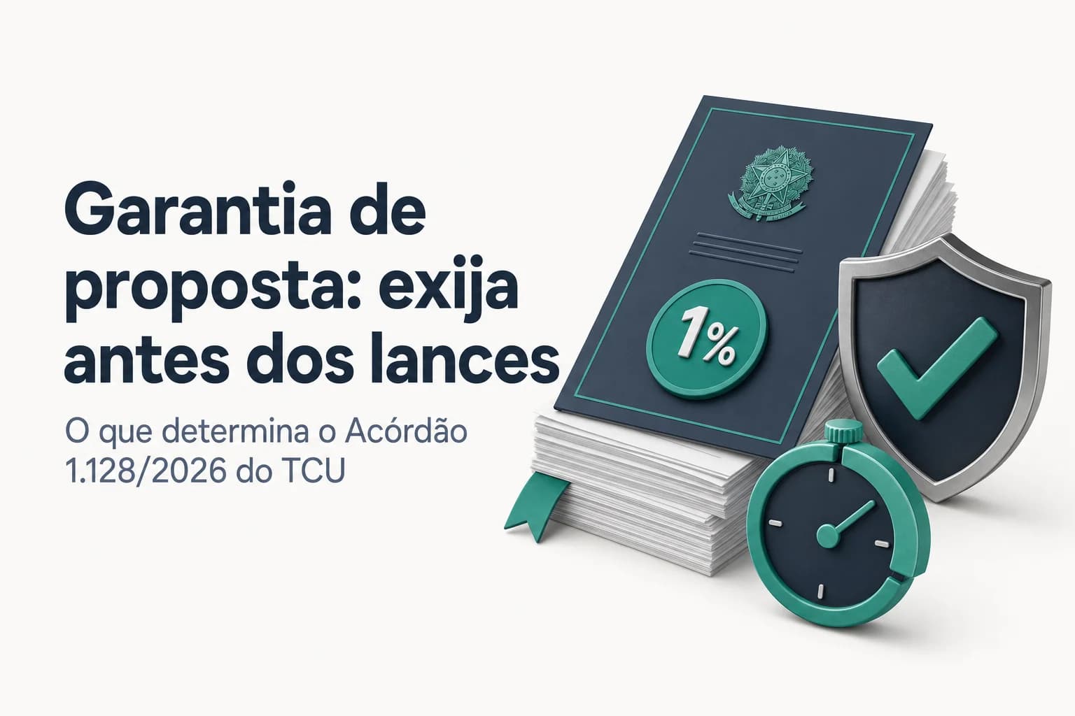 Ilustração de um documento de garantia de proposta com o selo do TCU e destaque para o percentual de 1%.
