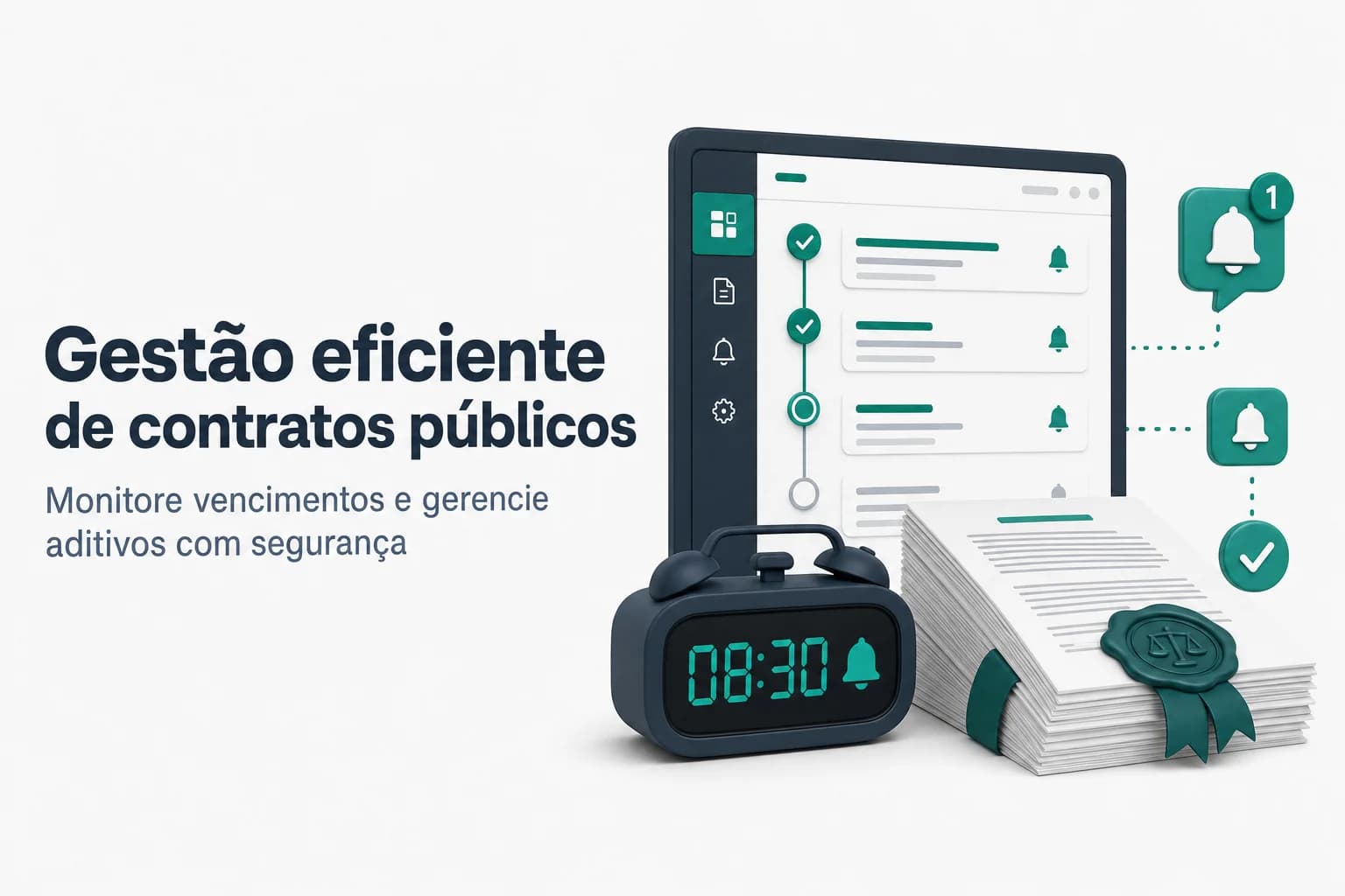 Ilustração de painel digital mostrando prazos de vencimento de contratos públicos com alertas vermelhos.