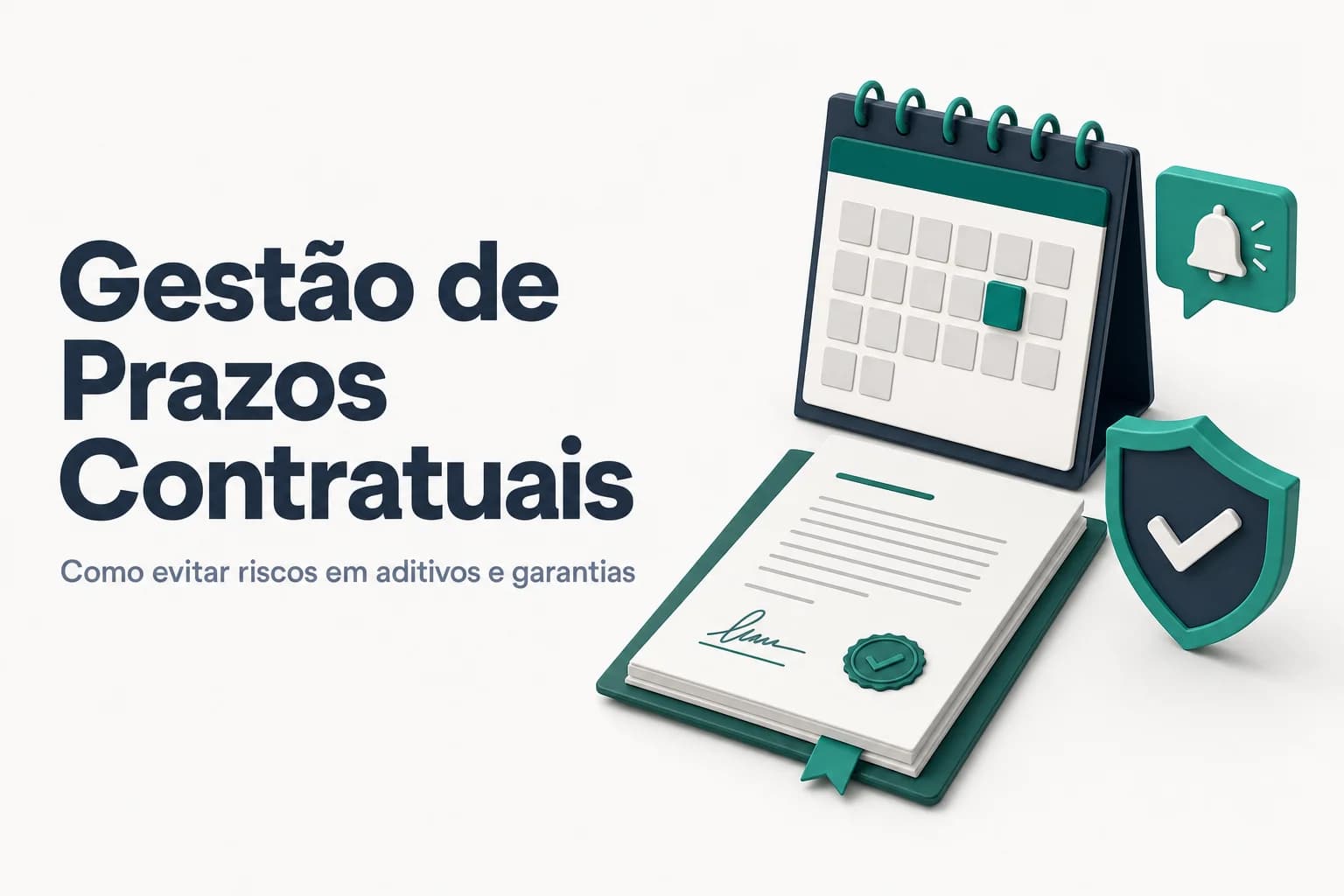 Calendário com datas de vencimento e ícones de garantia e caneta sobre mesa de escritório