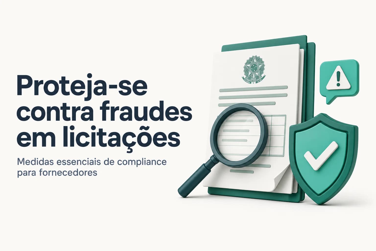 Ilustração de um documento de licitação com um cadeado e alerta de fraude, representando proteção contra golpes em compras públicas.