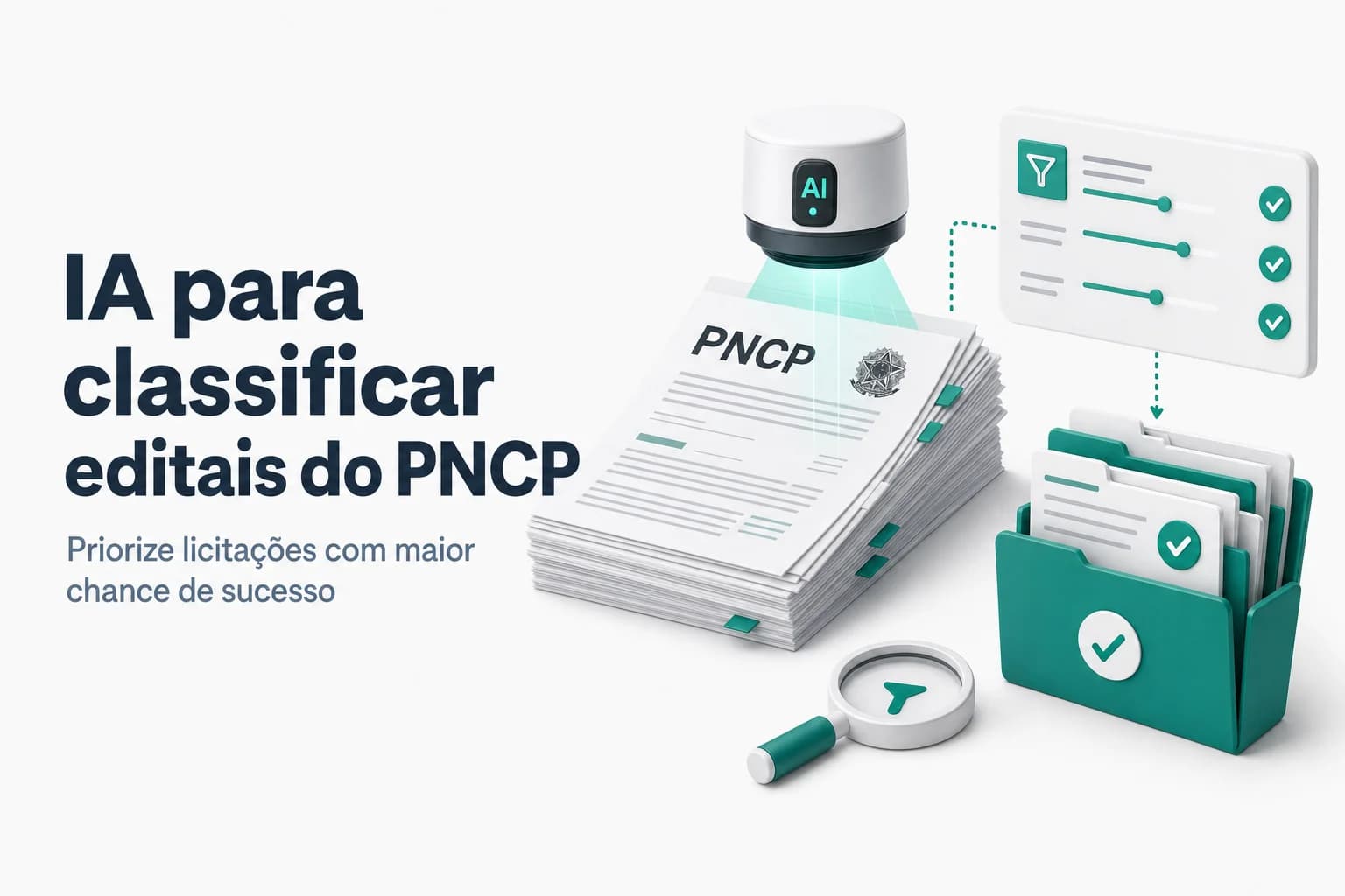 Ilustração de inteligência artificial analisando editais do PNCP e comparando com catálogo de produtos em um painel digital.