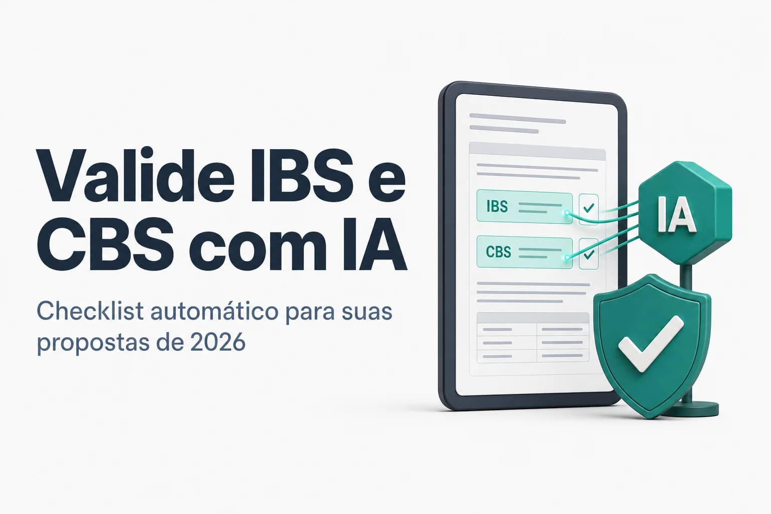 Ilustração de um robô analisando uma planilha com campos destacados de IBS e CBS em uma tela de computador.