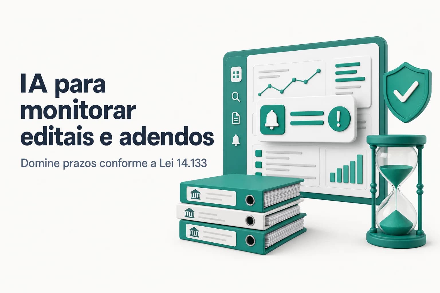 Ilustração de um painel digital com alertas de mudanças em editais de licitação e prazos reabertos