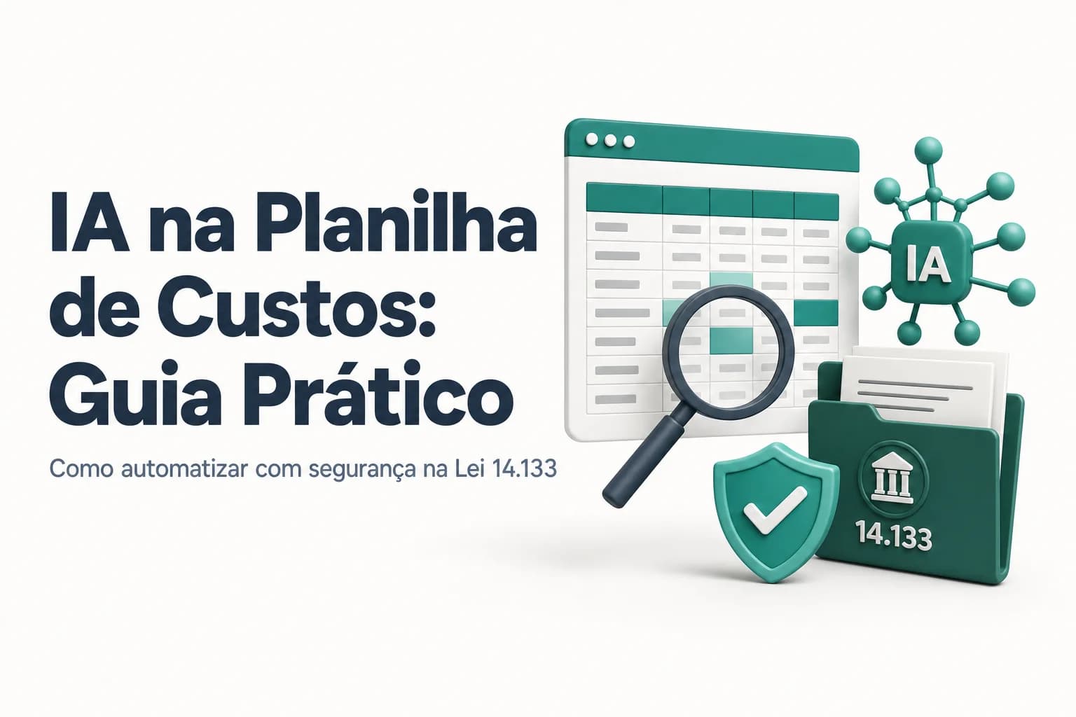 Ilustração de planilha de custos automatizada por IA, com ícones de verificação e alerta.
