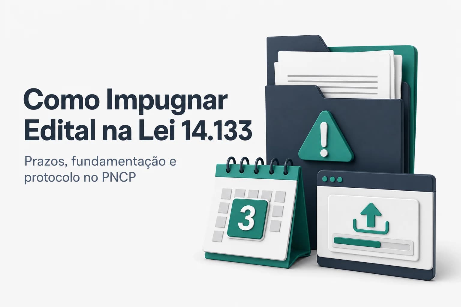 Ilustração de documento de edital com carimbo de impugnação e calendário marcando prazo de 3 dias úteis.