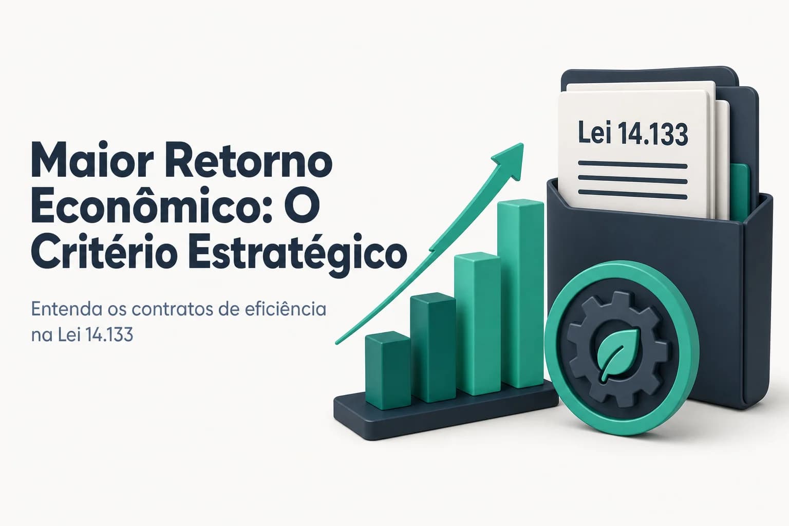 Ilustração de um gráfico ascendente representando economia de recursos em licitações de eficiência com selo da Lei 14.133.