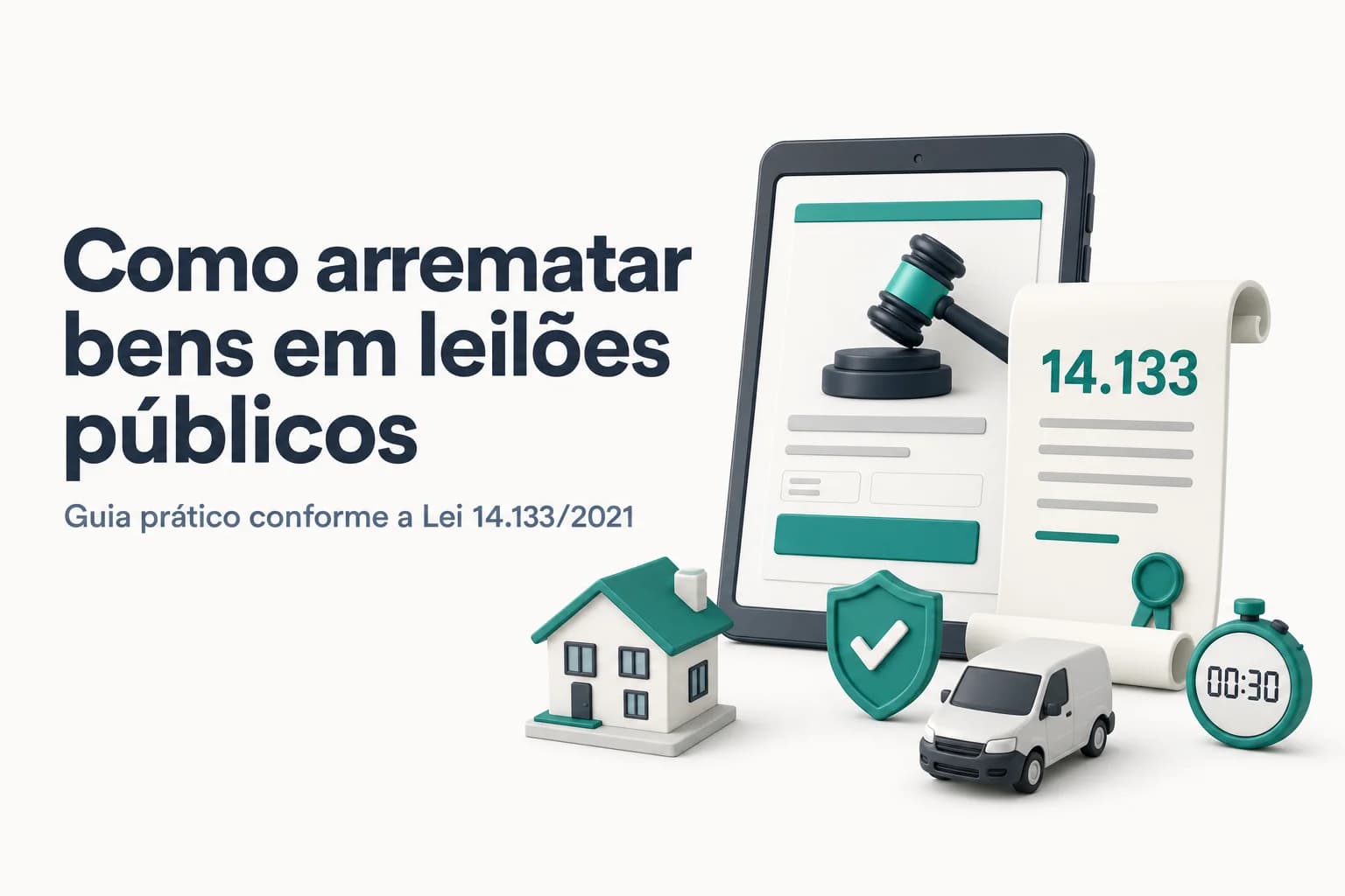 Imagem ilustrativa de um leilão público eletrônico com tela de lances e martelo, representando a alienação de bens do governo.