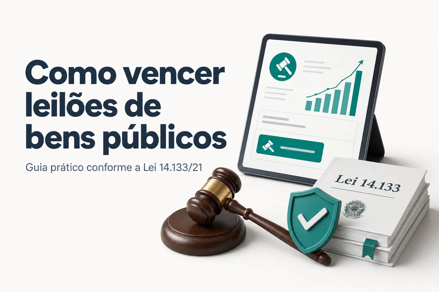 Ilustração de um martelo de leilão sobre uma mesa com documentos e um computador, simbolizando leilão público eletrônico.