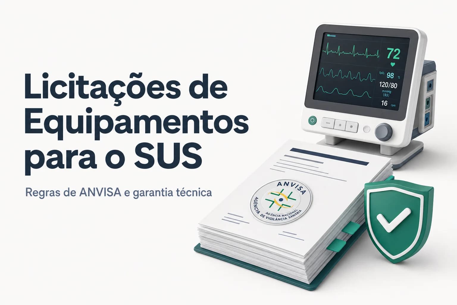 Equipamentos médico-hospitalares em ambiente hospitalar com símbolo do SUS e ANVISA.