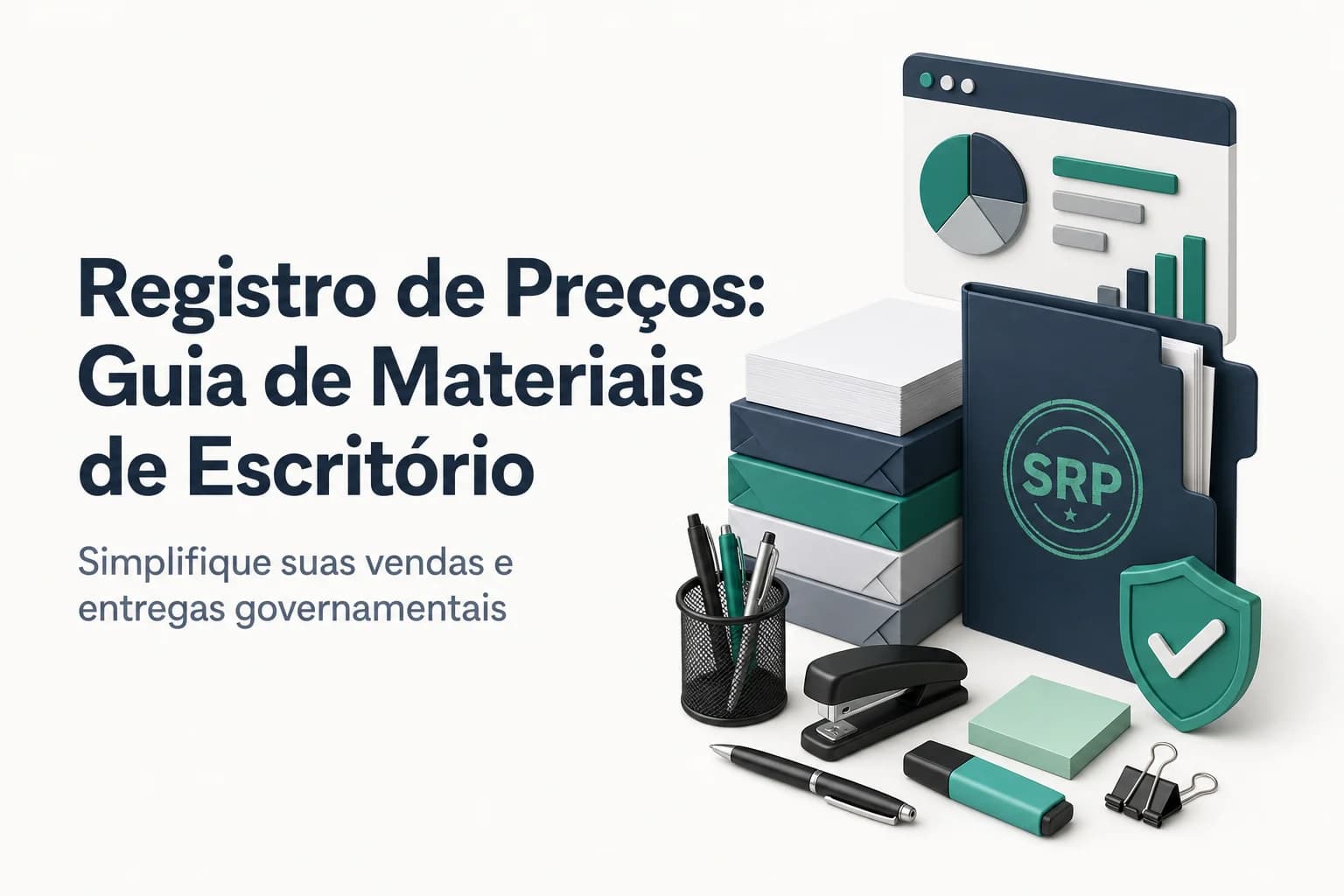 Ilustração de materiais de escritório como canetas, papéis e pastas sobre uma mesa, com um contrato e selo de 'Registro de Preços'.