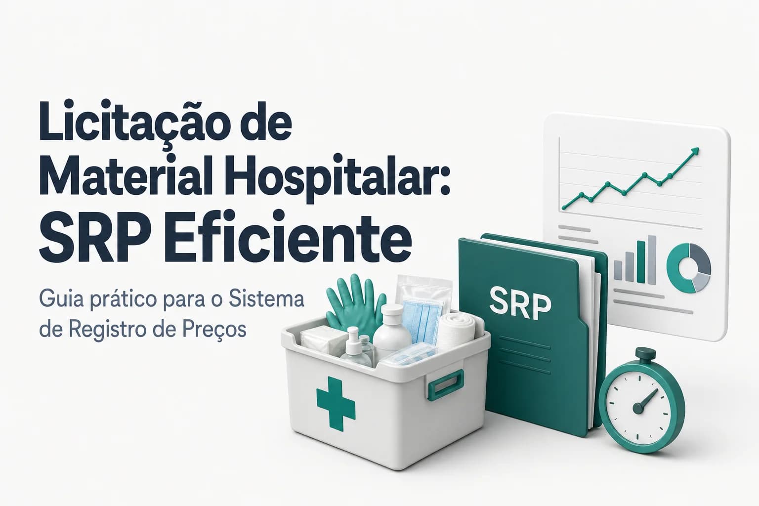 Ilustração de materiais hospitalares de consumo, como luvas, seringas e gazes, com gráfico de preços ao fundo.
