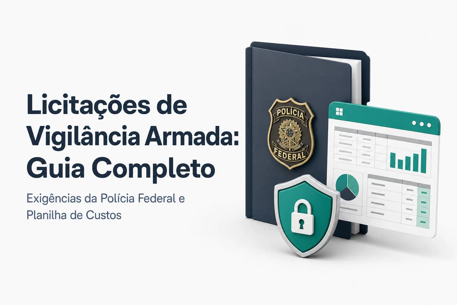 Vigilante armado em posto de segurança patrimonial, com referência à documentação da Polícia Federal e planilhas de custo.