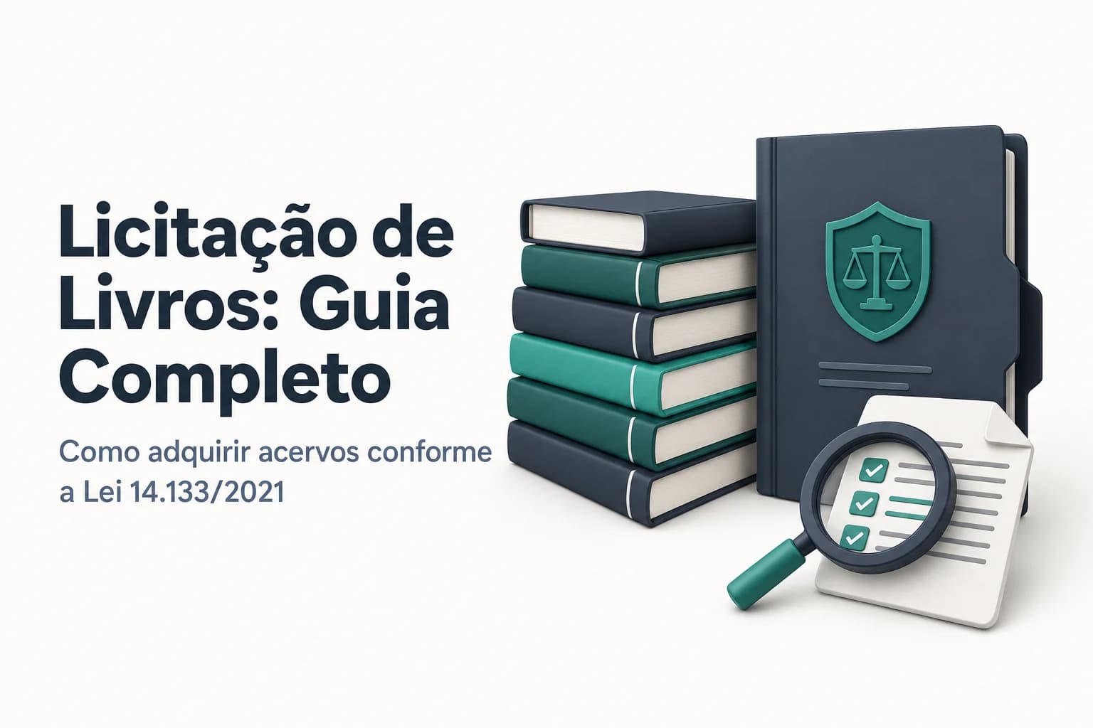 Estante de biblioteca com livros e documentos licitatórios sobre uma mesa