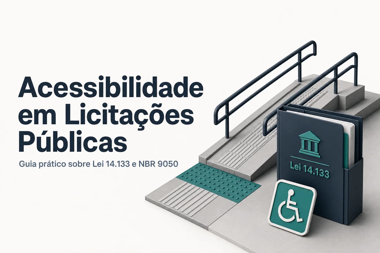 Ilustração de uma rampa de acesso com piso tátil e sinalização inclusiva em um ambiente público, com destaque para as normas técnicas.