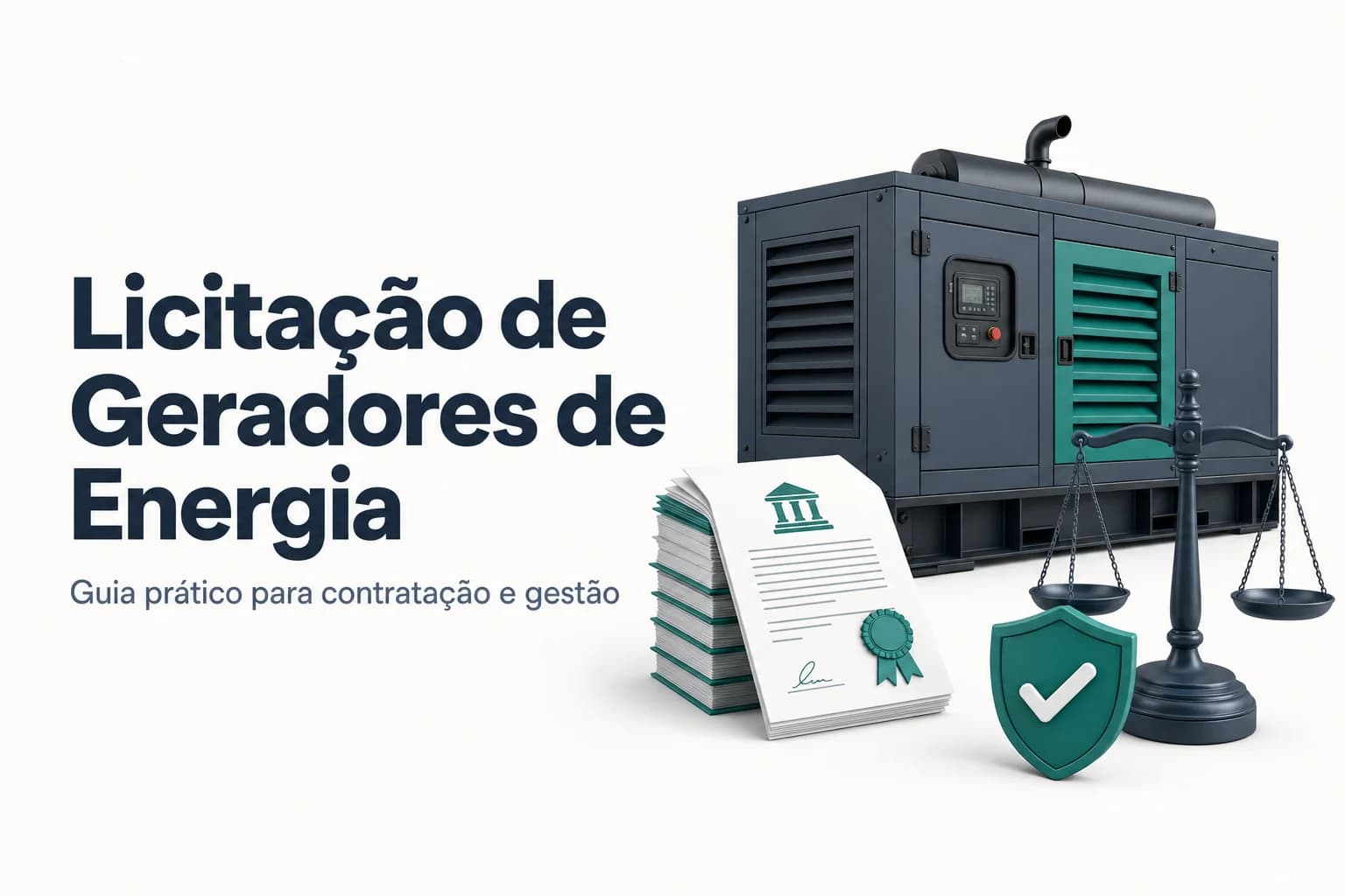 Ilustração de um gerador de energia sendo instalado em um prédio público, com documentos de licitação ao lado.