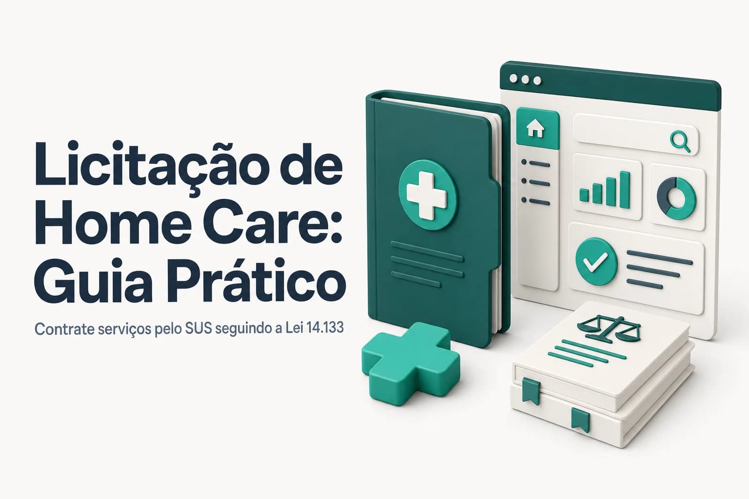 Ilustração de um profissional de saúde atendendo um paciente em casa, com símbolos de licitação e legislação ao fundo