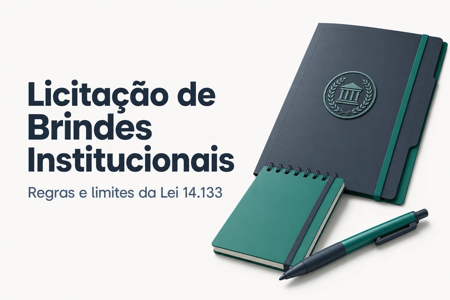 Brindes promocionais como canetas, squeezes e blocos de notas sobre mesa com logo institucional