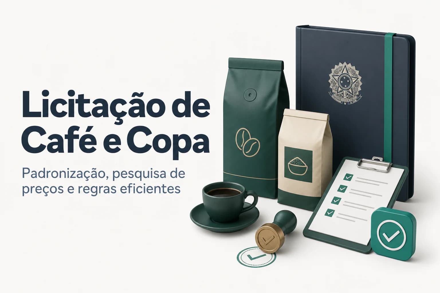 Ilustração de xícaras de café, pacotes de açúcar e utensílios de copa sobre fundo administrativo, com destaque para documentos de licitação.