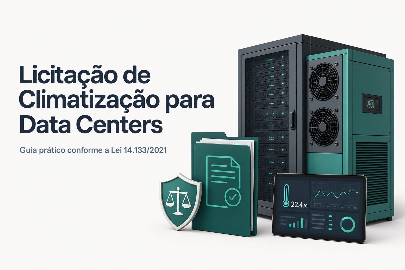 Sala de servidores com sistema de climatização de precisão, mostrando dutos de ar condicionado e racks.