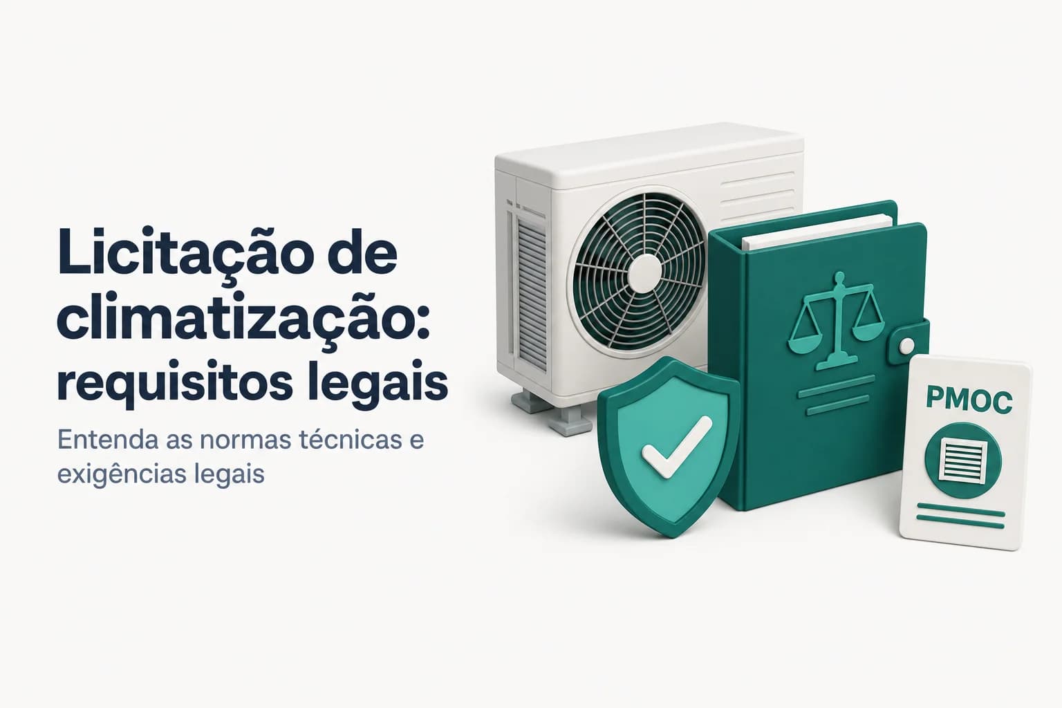 Ilustração de um técnico realizando manutenção em aparelho de ar-condicionado em prédio público, com documentos de licitação ao lado.