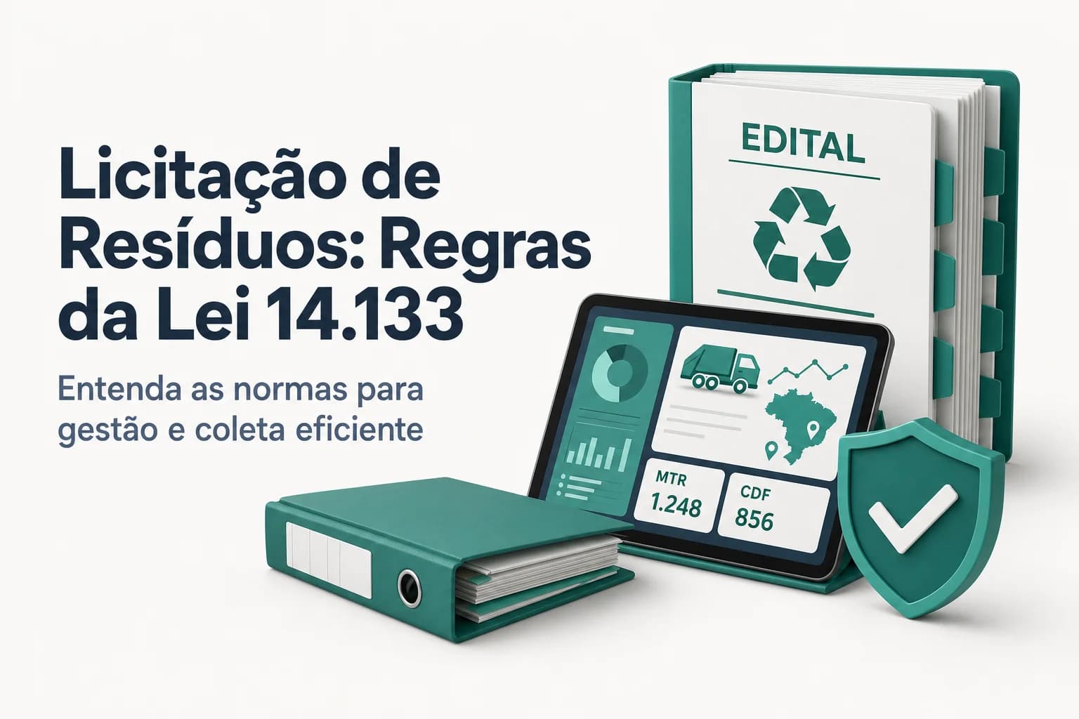 Ilustração de caminhão de coleta de lixo em frente a prédio público com selo de licitação
