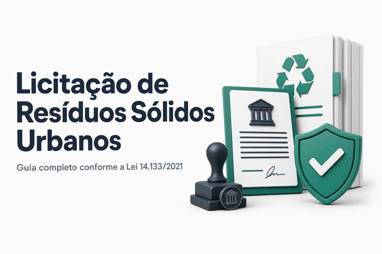 Ilustração de caminhão de coleta de lixo com o texto 'Licitação para resíduos sólidos urbanos'