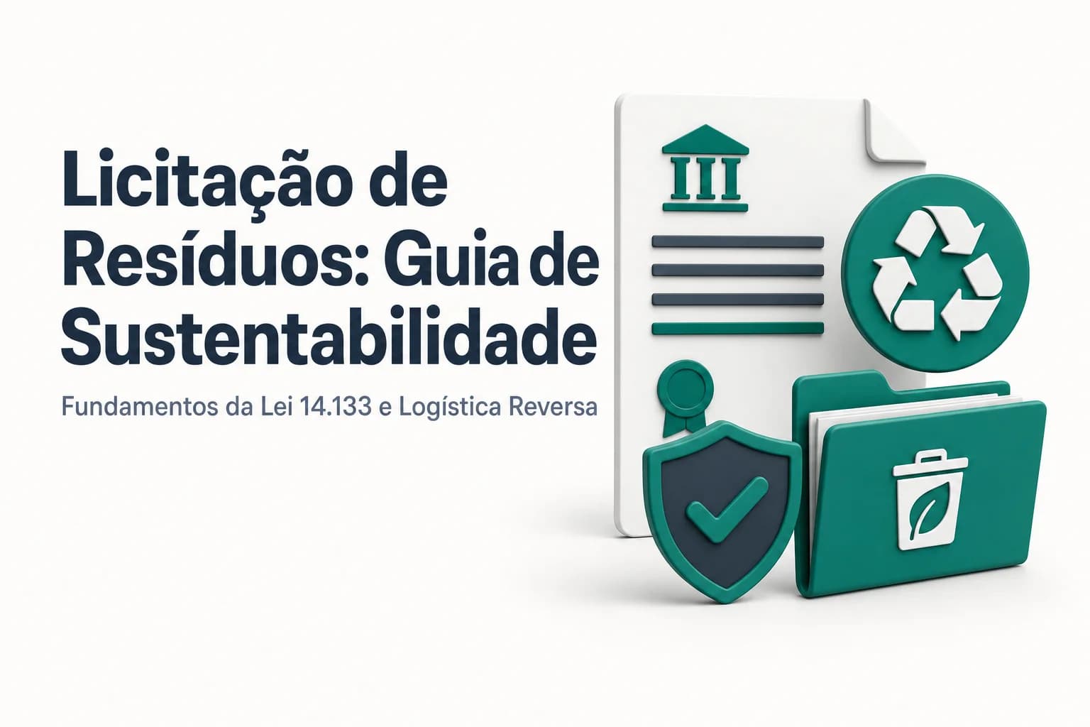 Ilustração de caminhão de coleta seletiva com recicláveis e documentos de licitação ao fundo