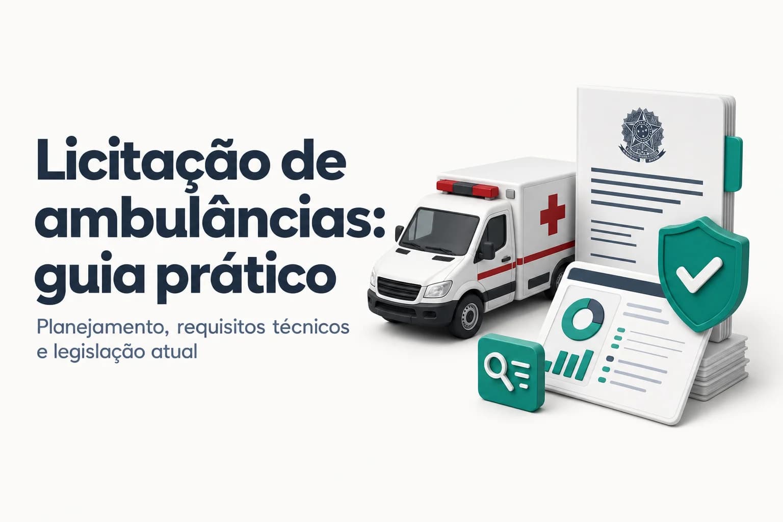 Ilustração de uma ambulância com a bandeira do Brasil ao fundo, representando a compra pública de unidades móveis de saúde.