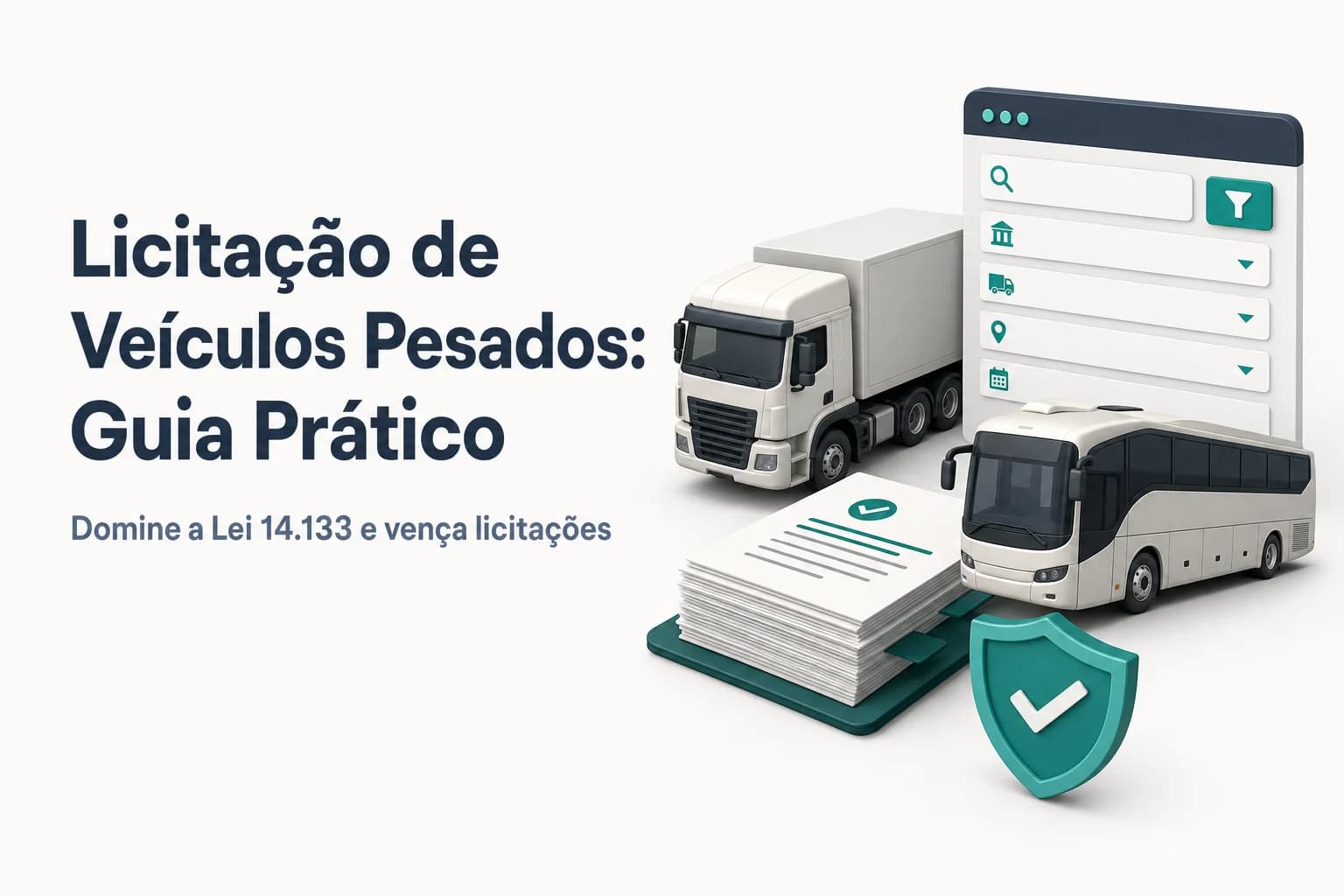 Caminhões e ônibus estacionados em frota pública com documentos de licitação ao fundo.