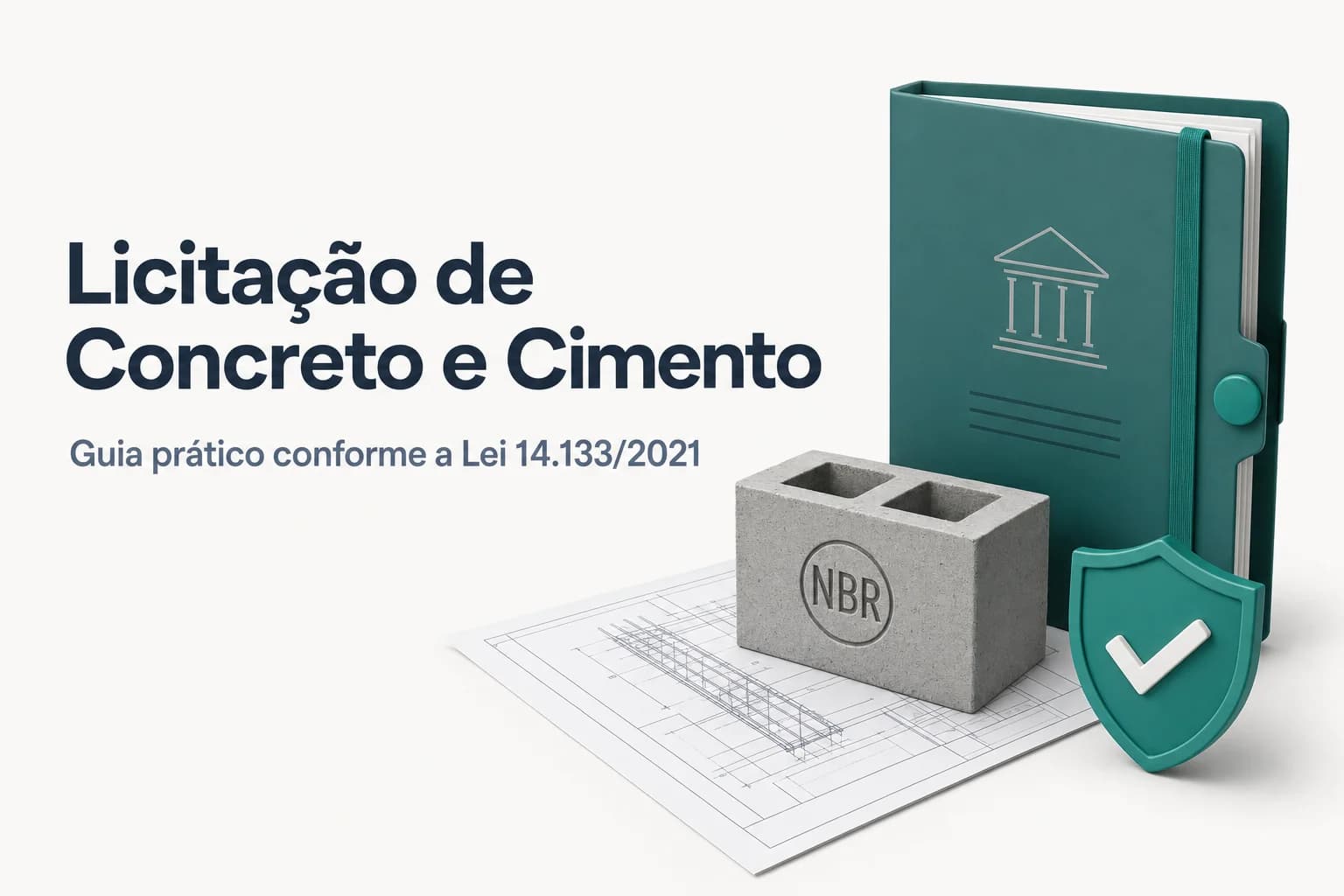 Caminhão betoneira despejando concreto em obra civil, com artefatos de cimento como bloquetes e tubos ao fundo.
